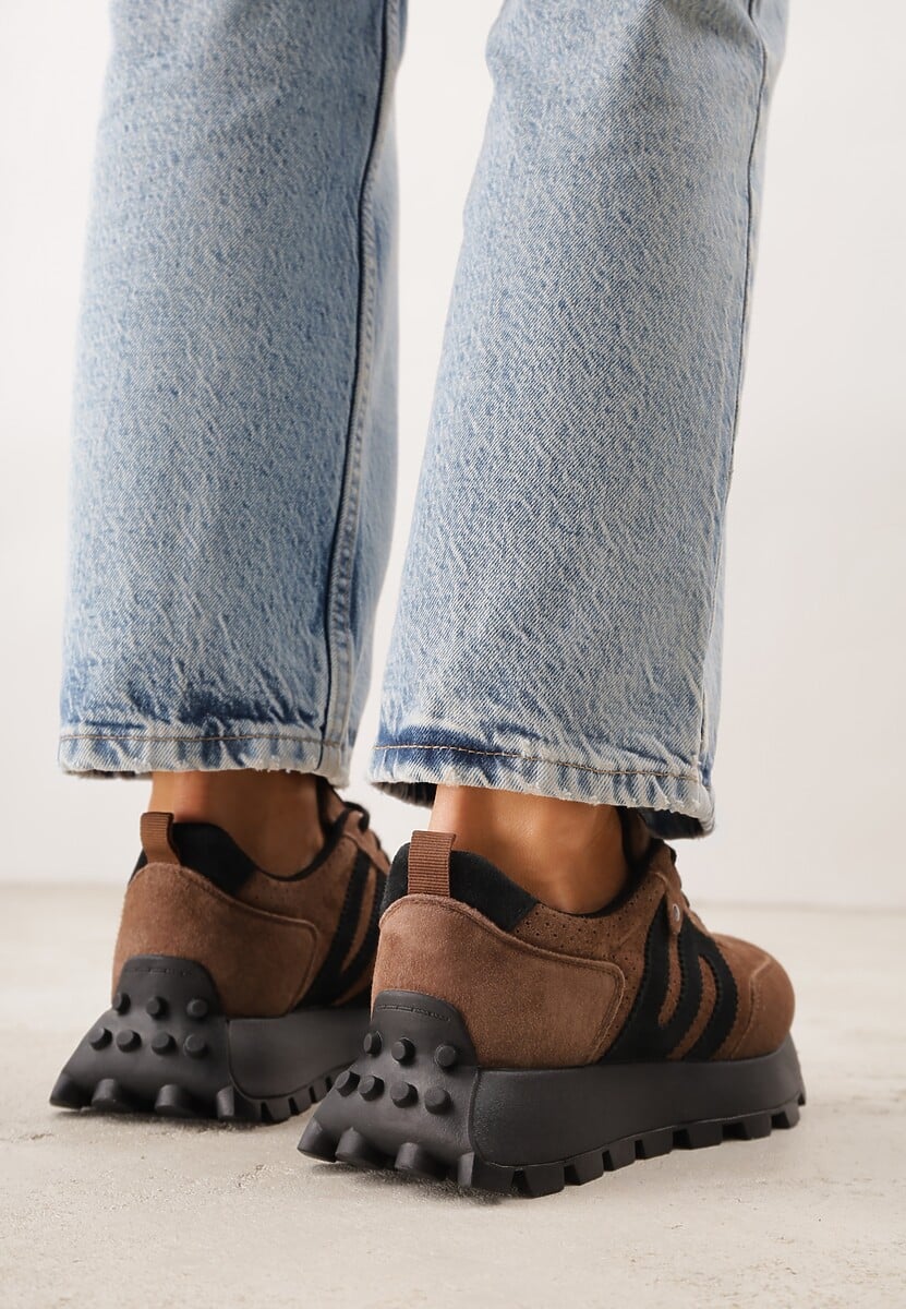 Brązowe Sneakersy na Platformie z Zamszu Naturalnego z Perforacją Zitrina 3