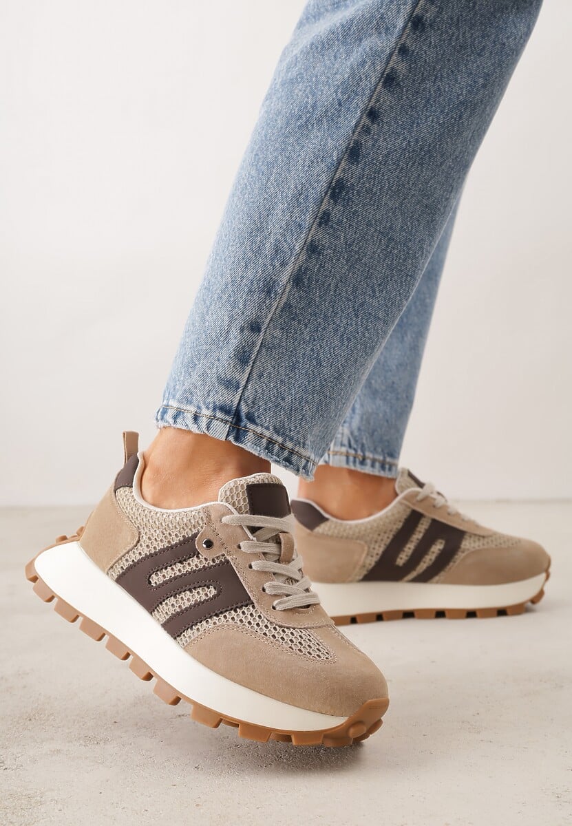 Beżowe Zamszowe Sneakersy na Platformie z Geometrycznym Wzorem Tarbelle 1