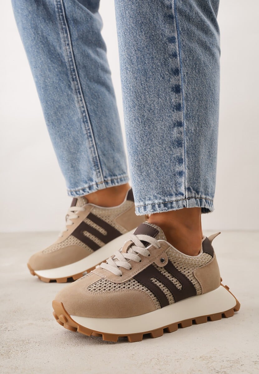 Beżowe Zamszowe Sneakersy na Platformie z Geometrycznym Wzorem Tarbelle 2