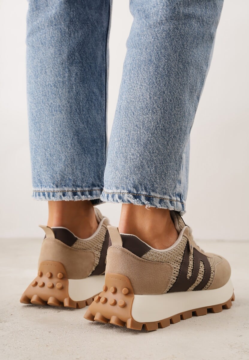 Beżowe Zamszowe Sneakersy na Platformie z Geometrycznym Wzorem Tarbelle 3