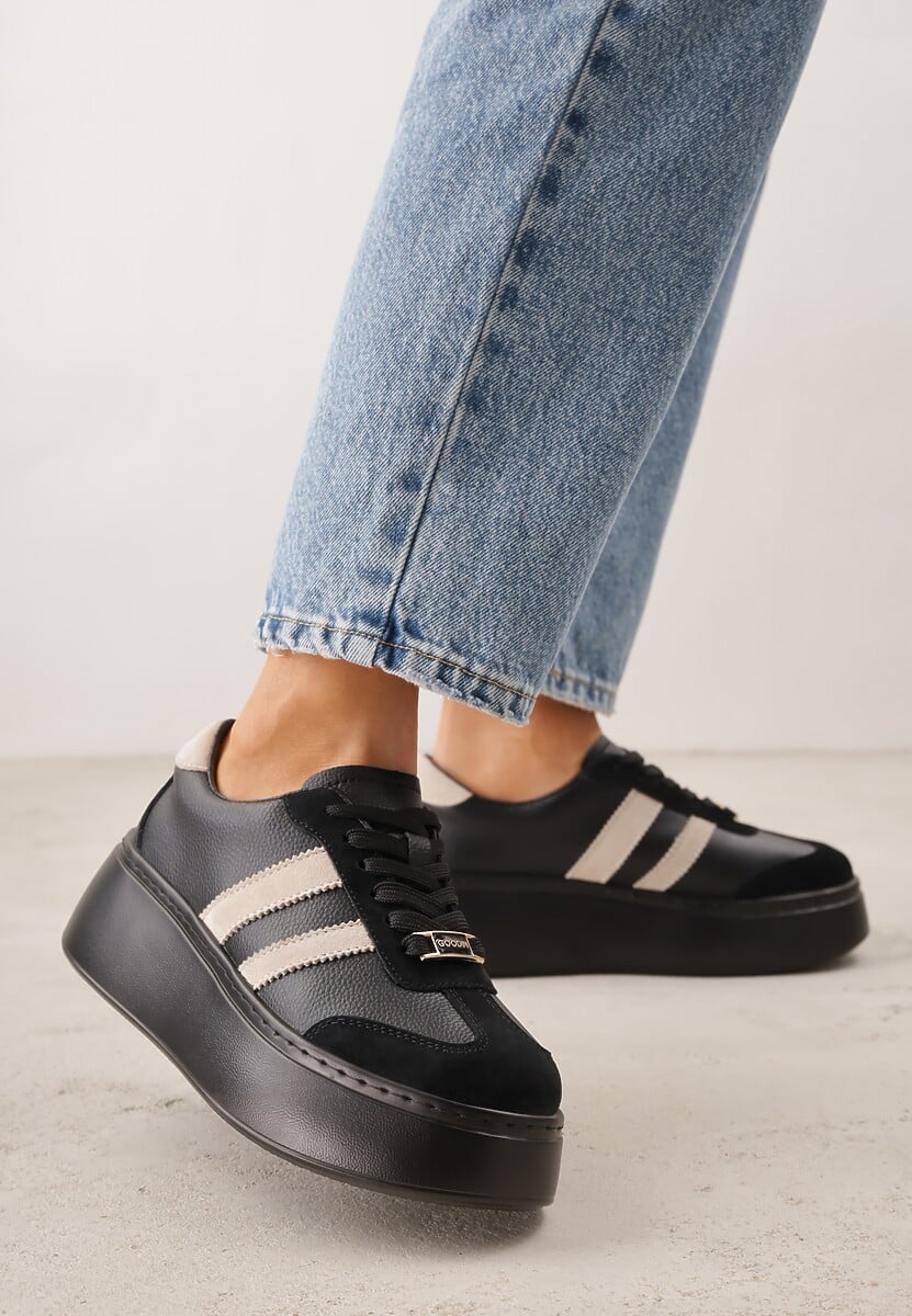 Czarno-Beżowe Sneakersy na Platformie ze Skóry Naturalnej Ozdobione Paskami Sovimi 2