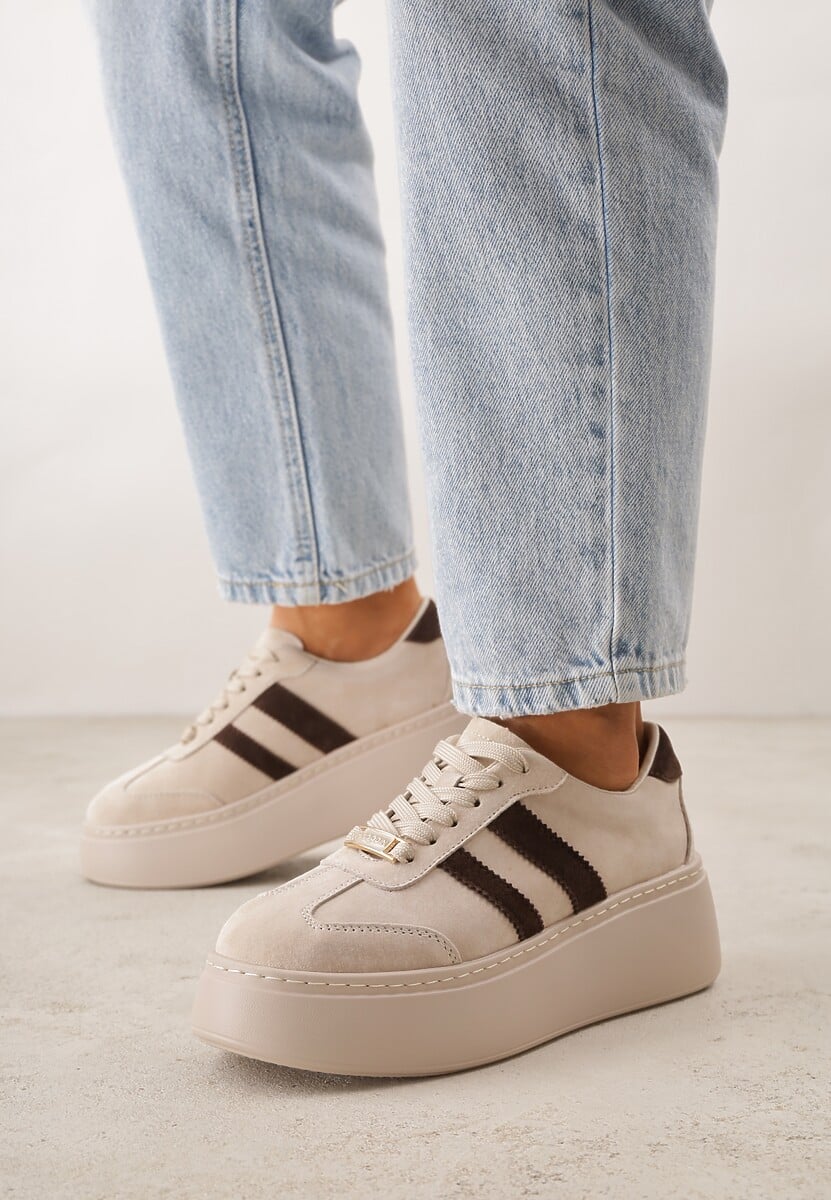 Beżowe Sneakersy na Platformie ze Skóry Naturalnej Ozdobione Paskami Sovimi 1