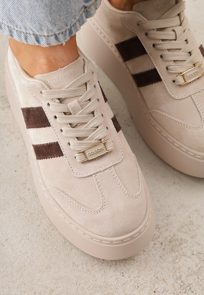 Beżowe Sneakersy na Platformie ze Skóry Naturalnej Ozdobione Paskami Sovimi 3