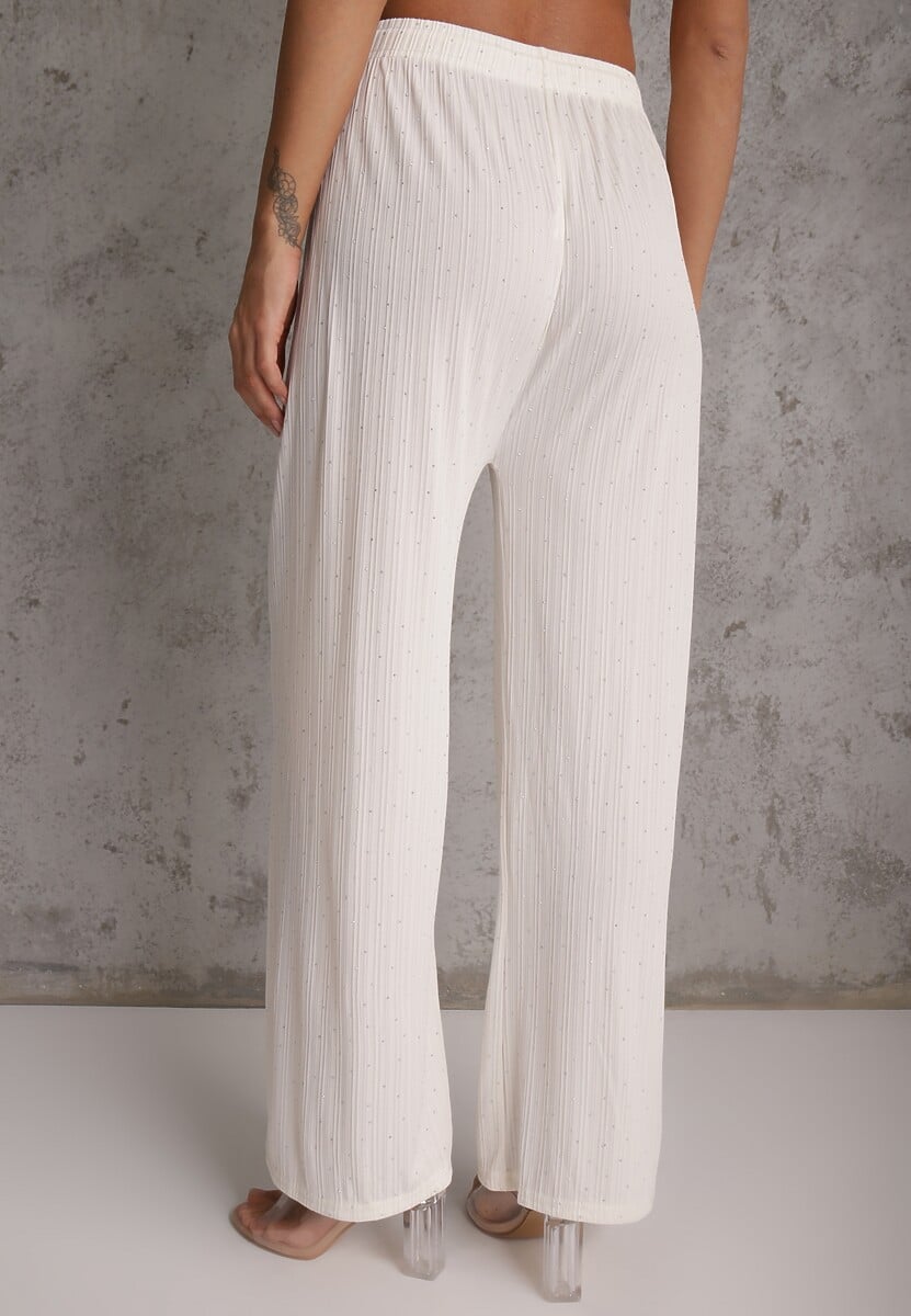 Białe Spodnie z Bawełną o Szerokim Kroju z Cyrkoniami Azirene 3