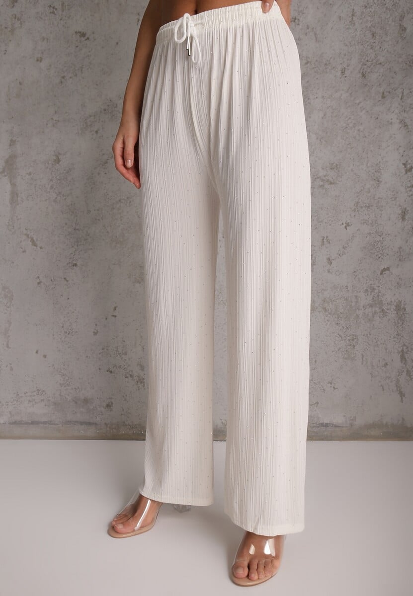 Białe Spodnie z Bawełną o Szerokim Kroju z Cyrkoniami Azirene 2