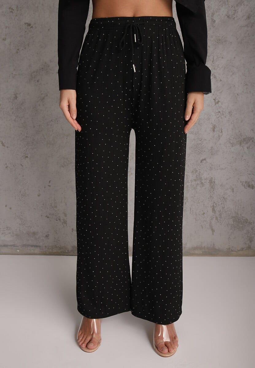 Czarne Spodnie z Bawełną o Szerokim Kroju z Cyrkoniami Azirene 2