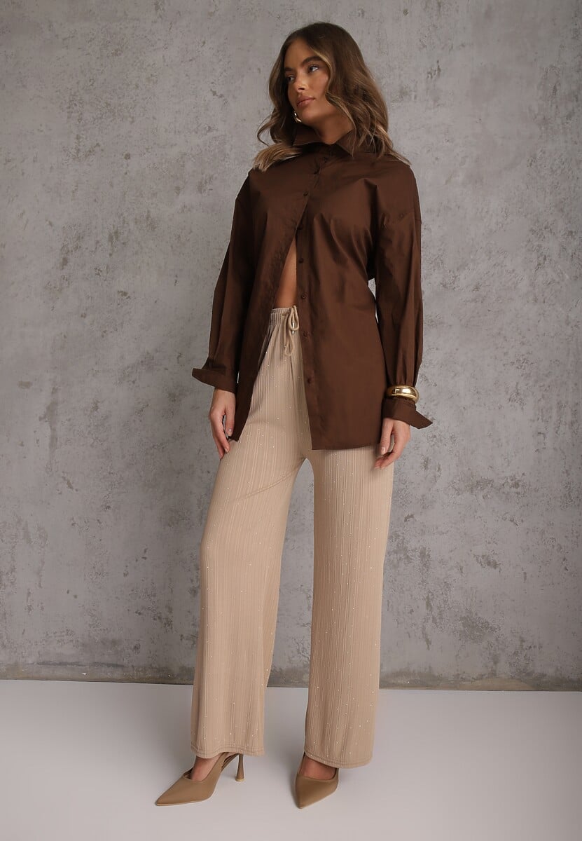 Beżowe Spodnie z Bawełną o Szerokim Kroju z Cyrkoniami Azirene 1