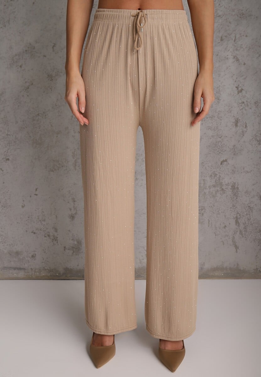 Beżowe Spodnie z Bawełną o Szerokim Kroju z Cyrkoniami Azirene 2
