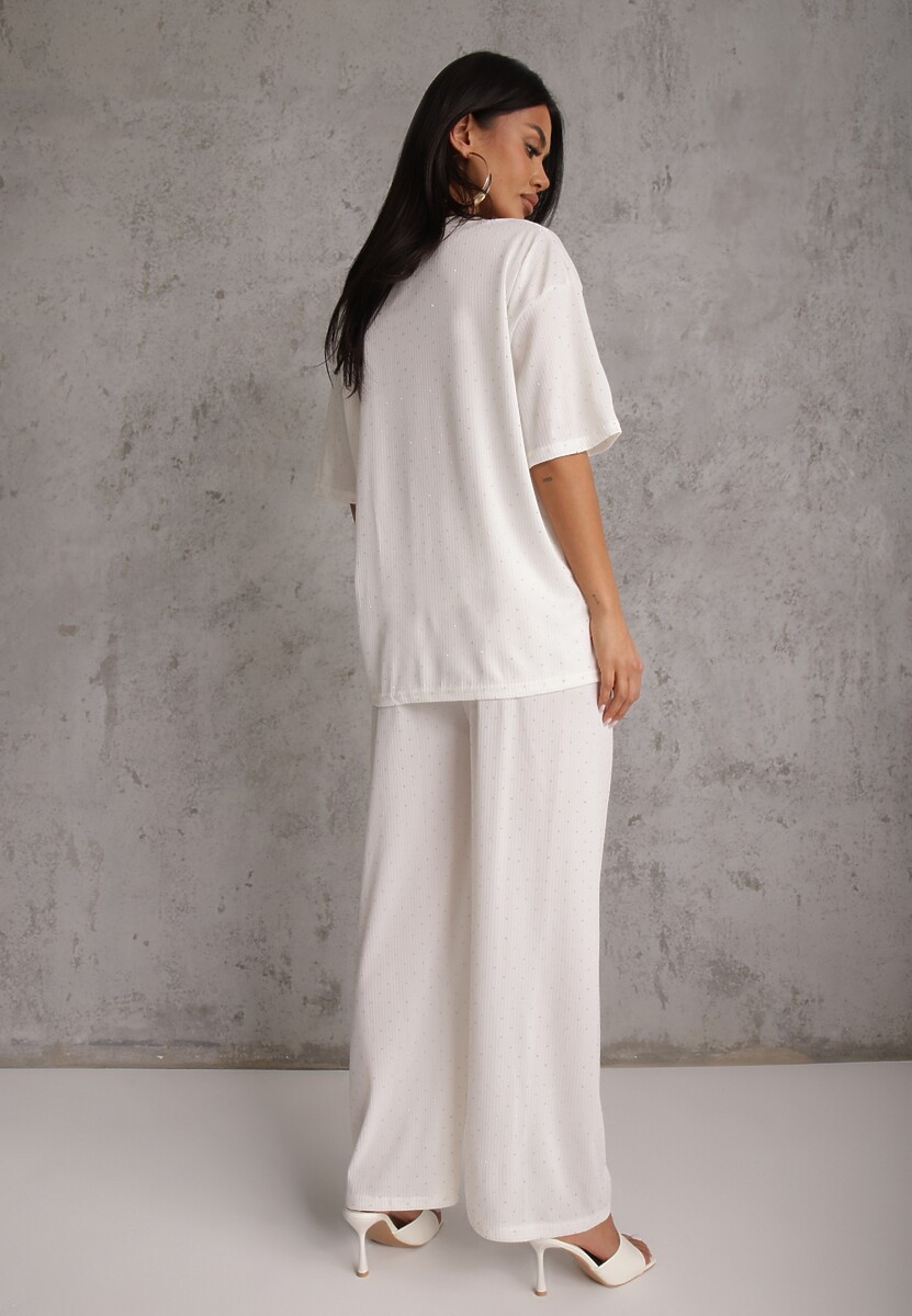 Biały Oversizowy Komplet Zdobiony Cyrkoniami T-shirt i Spodnie Arnateia 3