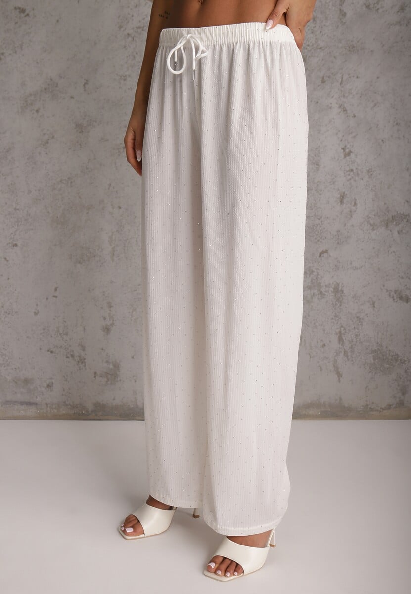 Biały Oversizowy Komplet Zdobiony Cyrkoniami T-shirt i Spodnie Arnateia 2