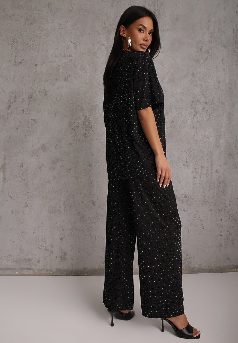 Czarny Oversizowy Komplet Zdobiony Cyrkoniami T-shirt i Spodnie Arnateia 3