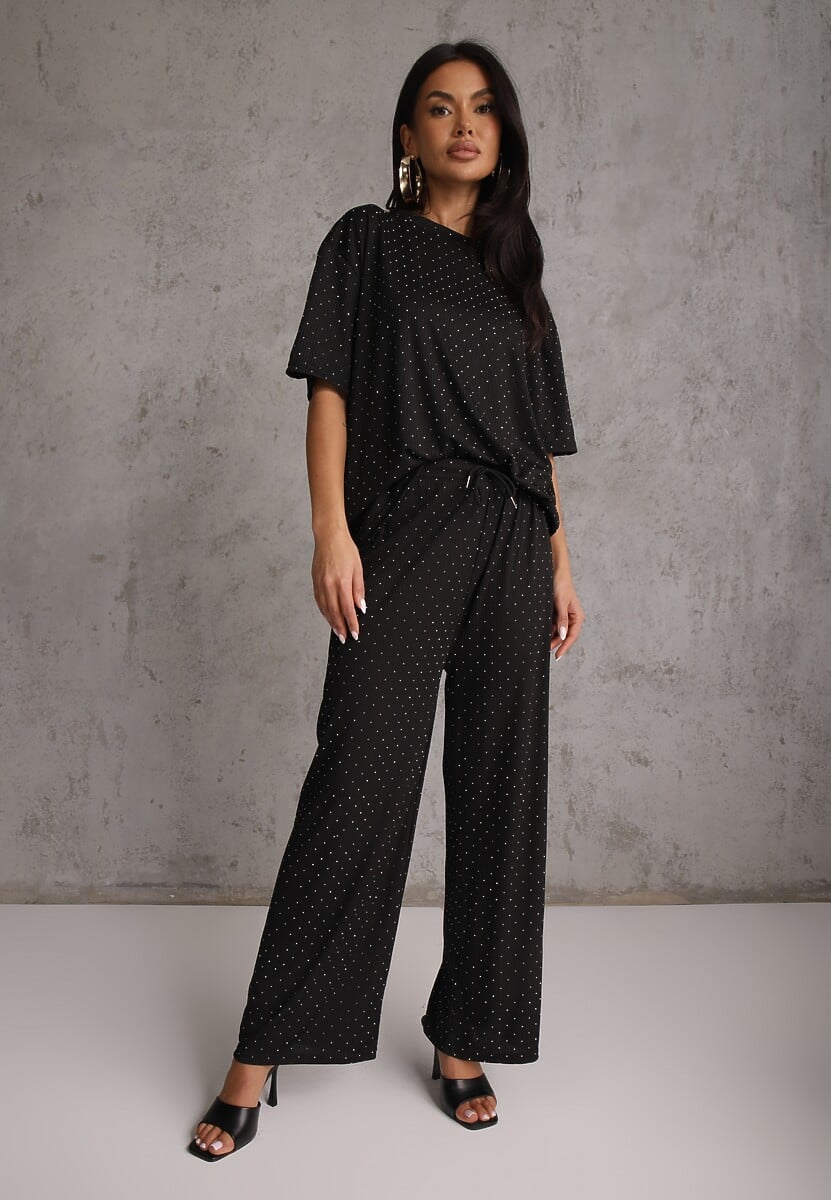 Czarny Oversizowy Komplet Zdobiony Cyrkoniami T-shirt i Spodnie Arnateia 1