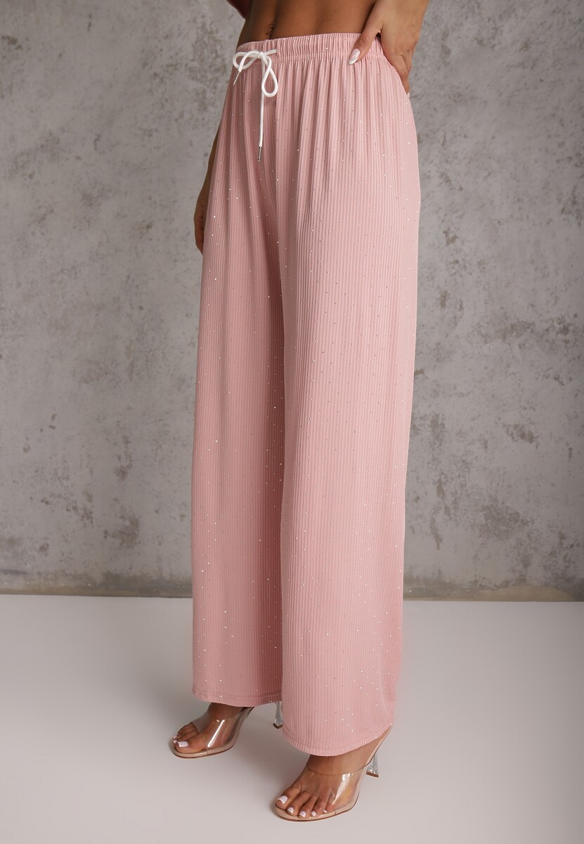 Różowy Oversizowy Komplet Zdobiony Cyrkoniami T-shirt i Spodnie Arnateia 2