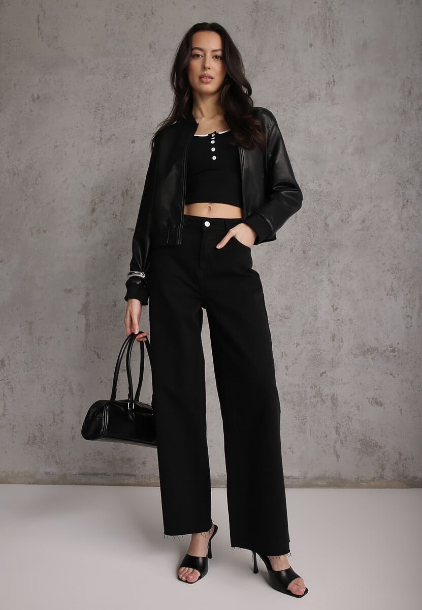 Czarny Prążkowany Top z Bawełny Ozdobiony Guzikami przy Dekolcie Beralissa 2