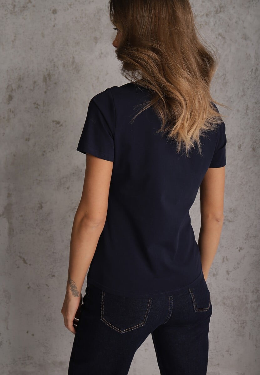 Granatowy T-shirt z Bawełny z Okrągłym Dekoltem Nedima 3