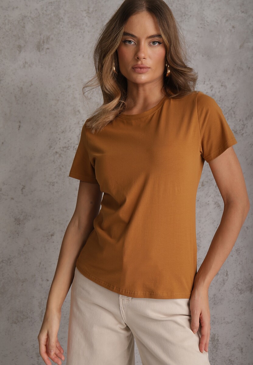 Brązowy T-shirt z Bawełny z Okrągłym Dekoltem Nedima 2