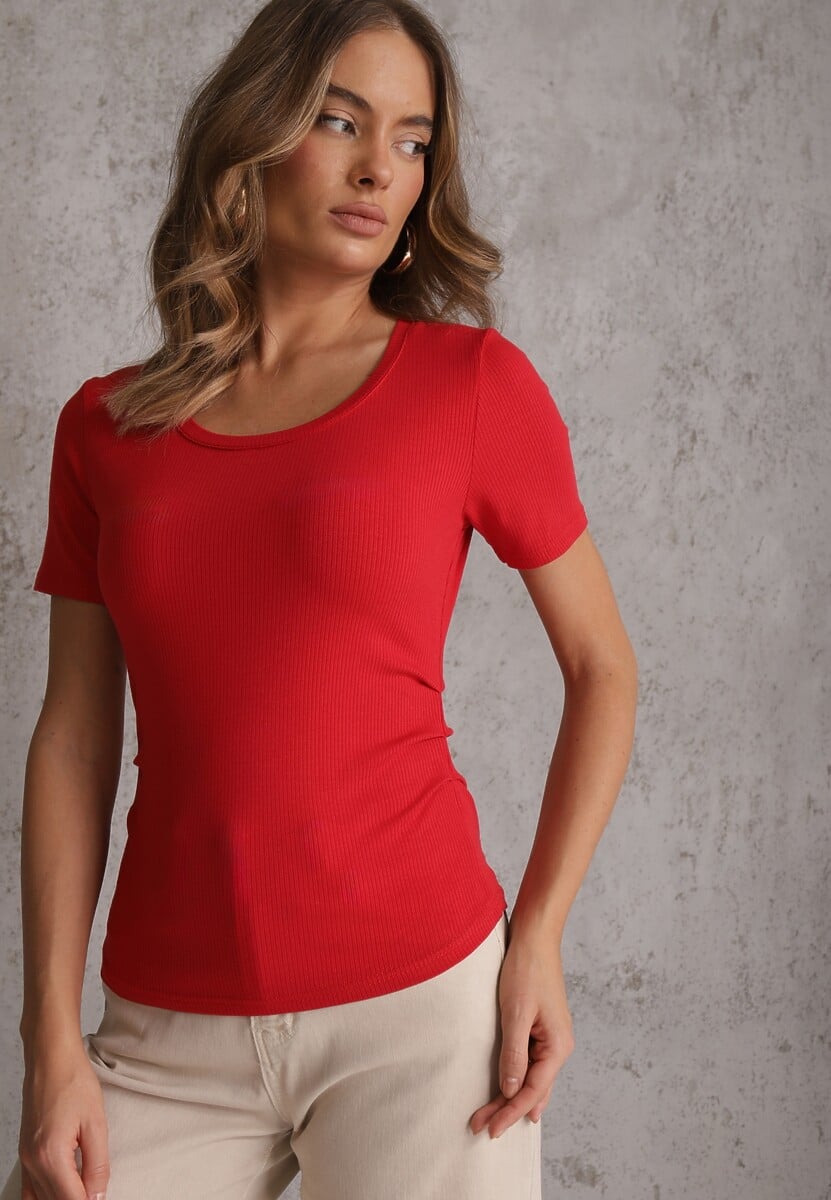 Czerwony T-shirt w Prążki z Marszczeniami po Bokach Nedala 2