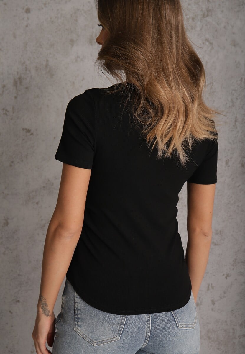 Czarny T-shirt w Prążki z Marszczeniami po Bokach Nedala 3