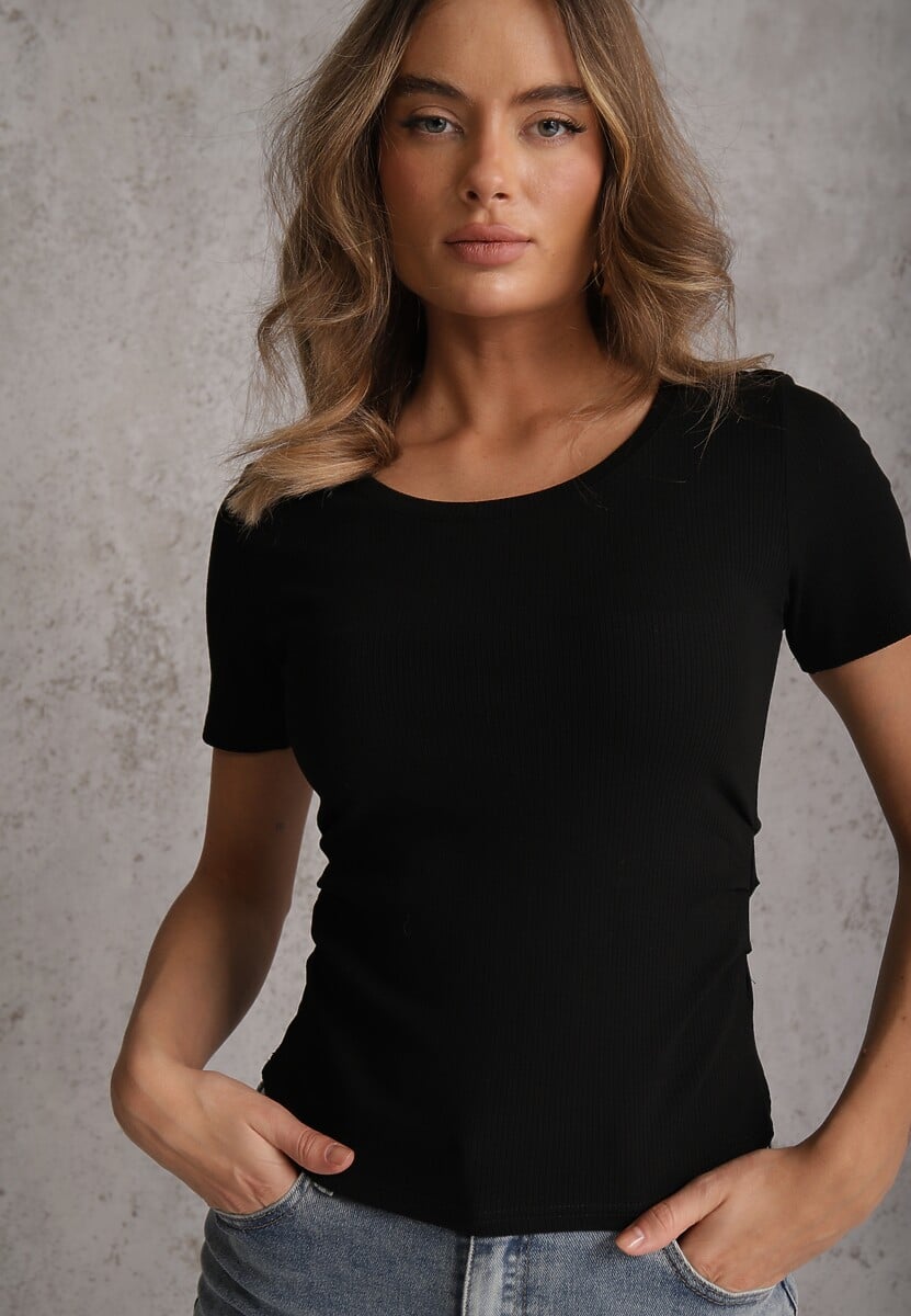 Czarny T-shirt w Prążki z Marszczeniami po Bokach Nedala 1