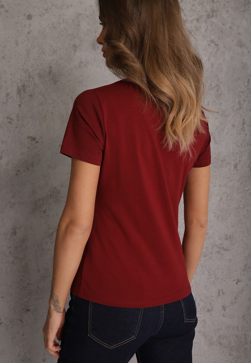 Bordowy T-shirt z Bawełny z Okrągłym Dekoltem Nedima 3