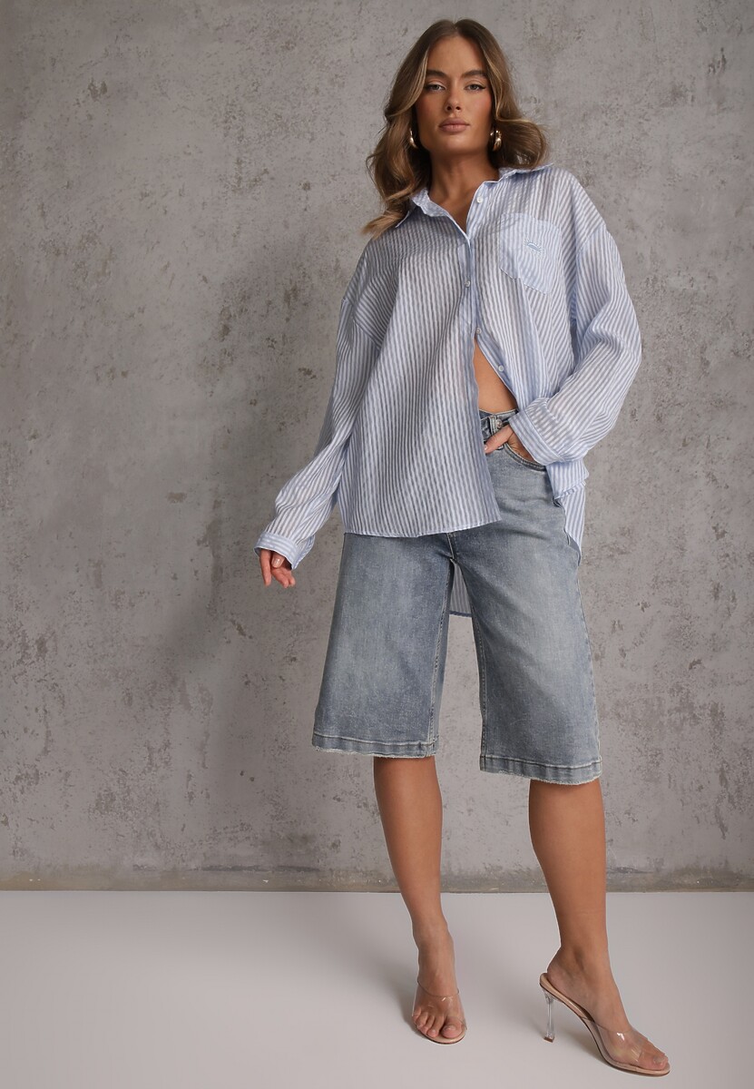 Niebieska Koszula Oversize z Tencelu w Paski z Haftowanym Wzorem Tidore 2