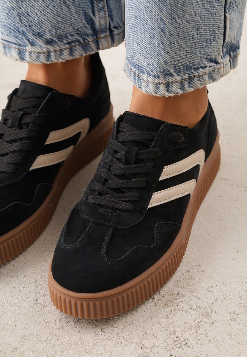 Czarne Sneakersy Retro Tenisówki z Naturalnego Zamszu ze Skórzaną Wkładką Beralene 3