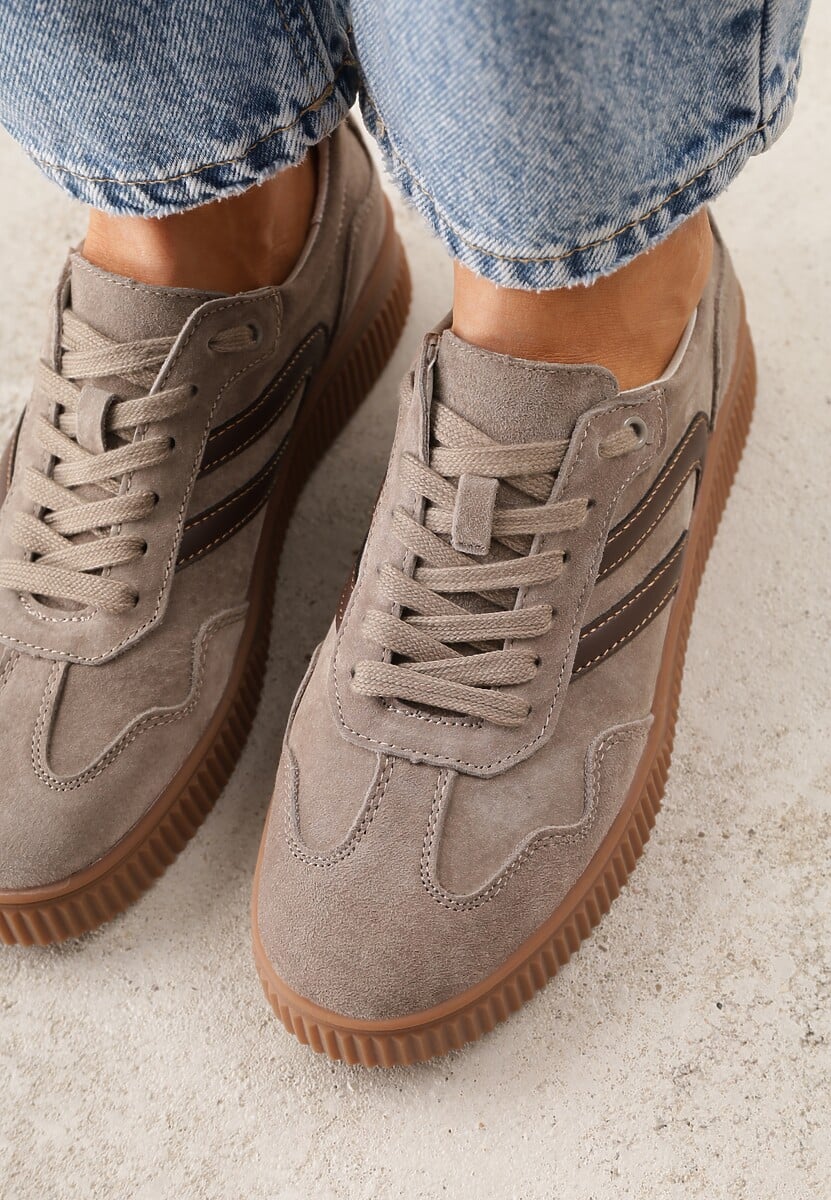 Beżowe Sneakersy Retro Tenisówki z Naturalnego Zamszu ze Skórzaną Wkładką Beralene 3