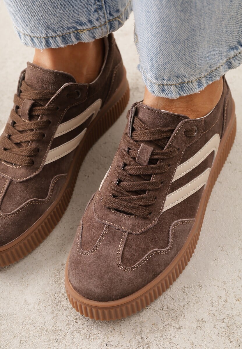 Ciemnobrązowe Sneakersy Retro Tenisówki z Naturalnego Zamszu ze Skórzaną Wkładką Beralene 3