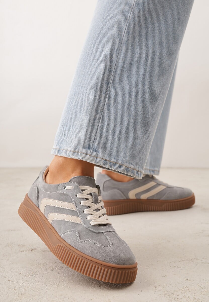 Ciemnoszare Sneakersy Retro Tenisówki z Naturalnego Zamszu ze Skórzaną Wkładką Beralene 2