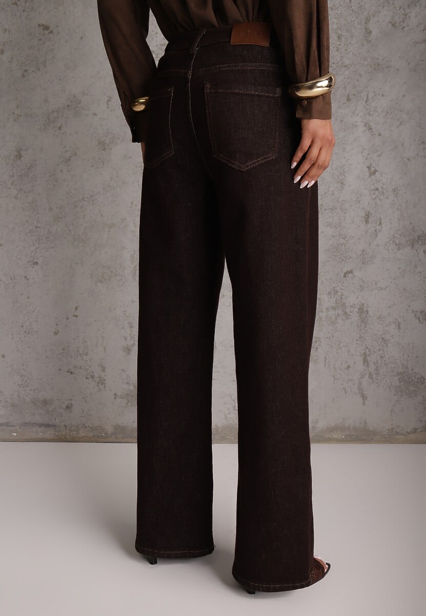 Brązowe Jeansy High Waist Szerokie z Bawełną Azile 3