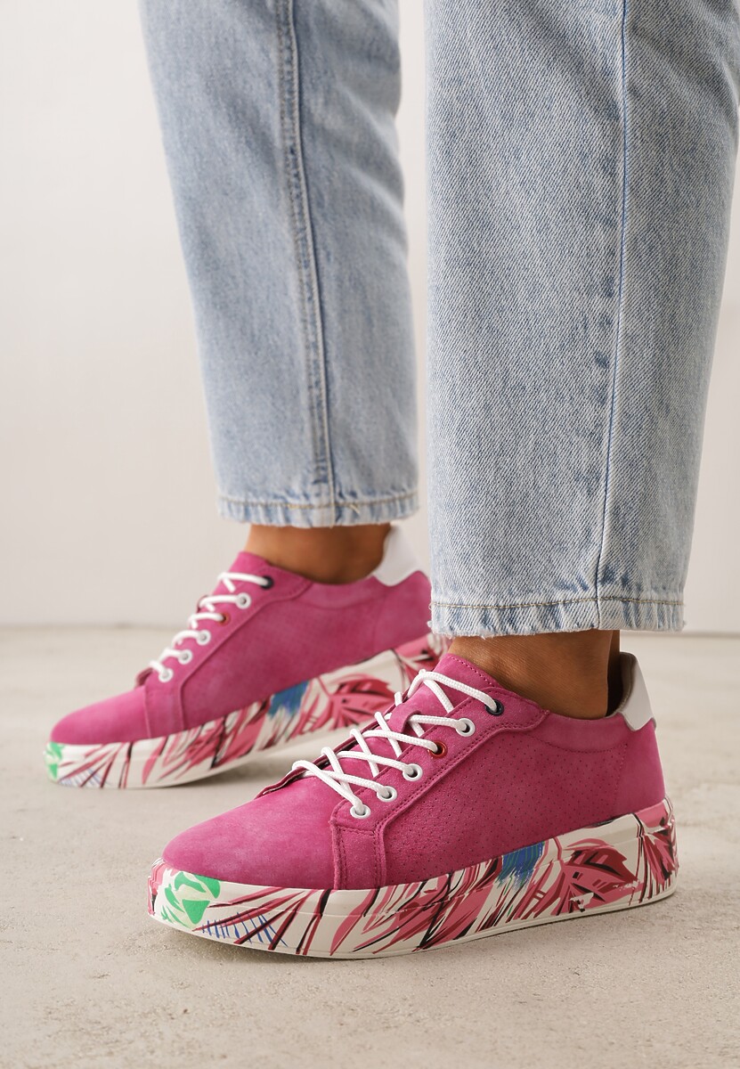 Fuksjowe Skórzane Sneakersy na Plaformie w Pióra z Perforacją Tidessa 2