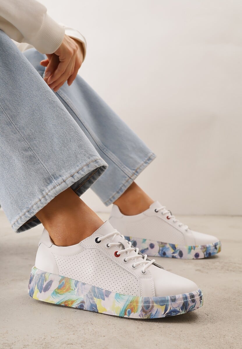 Białe Skórzane Sneakersy na Plaformie w Pióra z Perforacją Tidessa 1