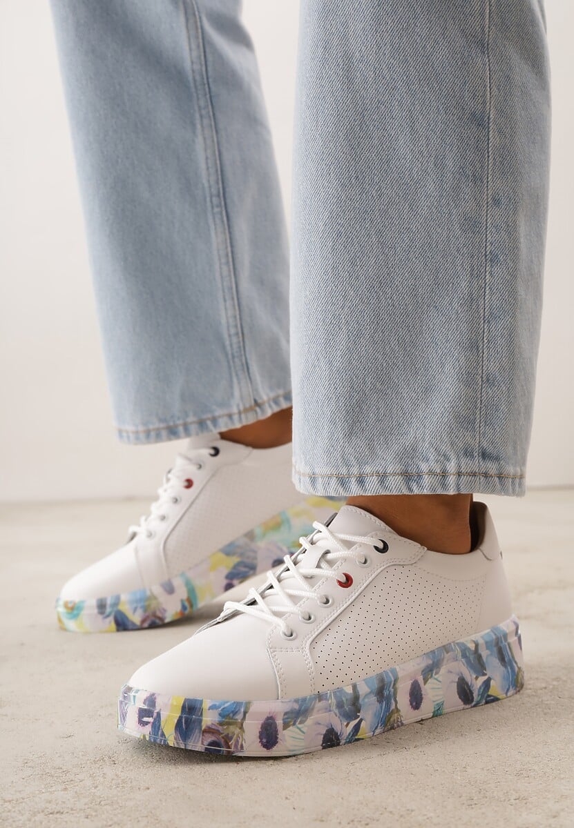 Białe Skórzane Sneakersy na Plaformie w Pióra z Perforacją Tidessa 2