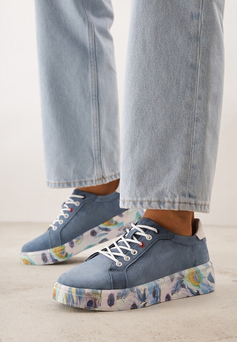 Niebieskie Skórzane Sneakersy na Plaformie w Pióra z Perforacją Tidessa 2