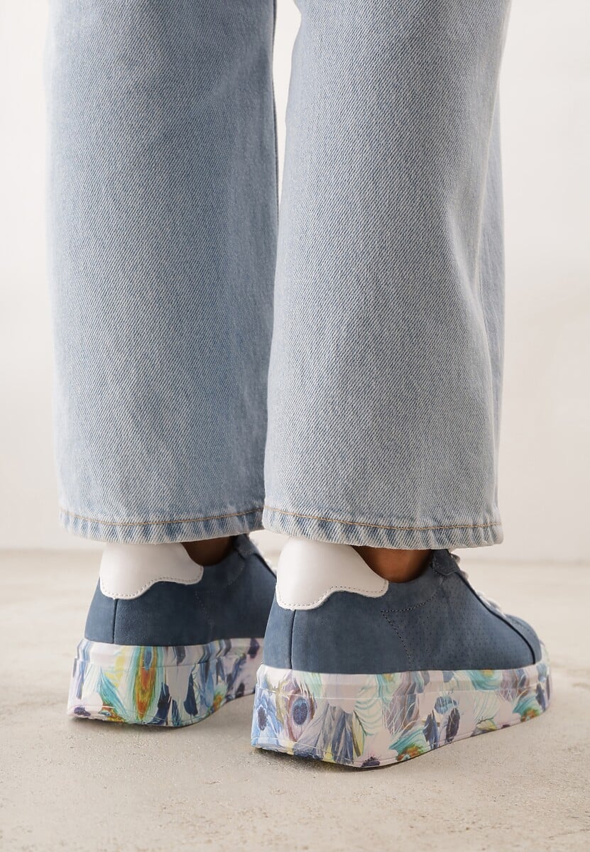 Niebieskie Skórzane Sneakersy na Plaformie w Pióra z Perforacją Tidessa 3