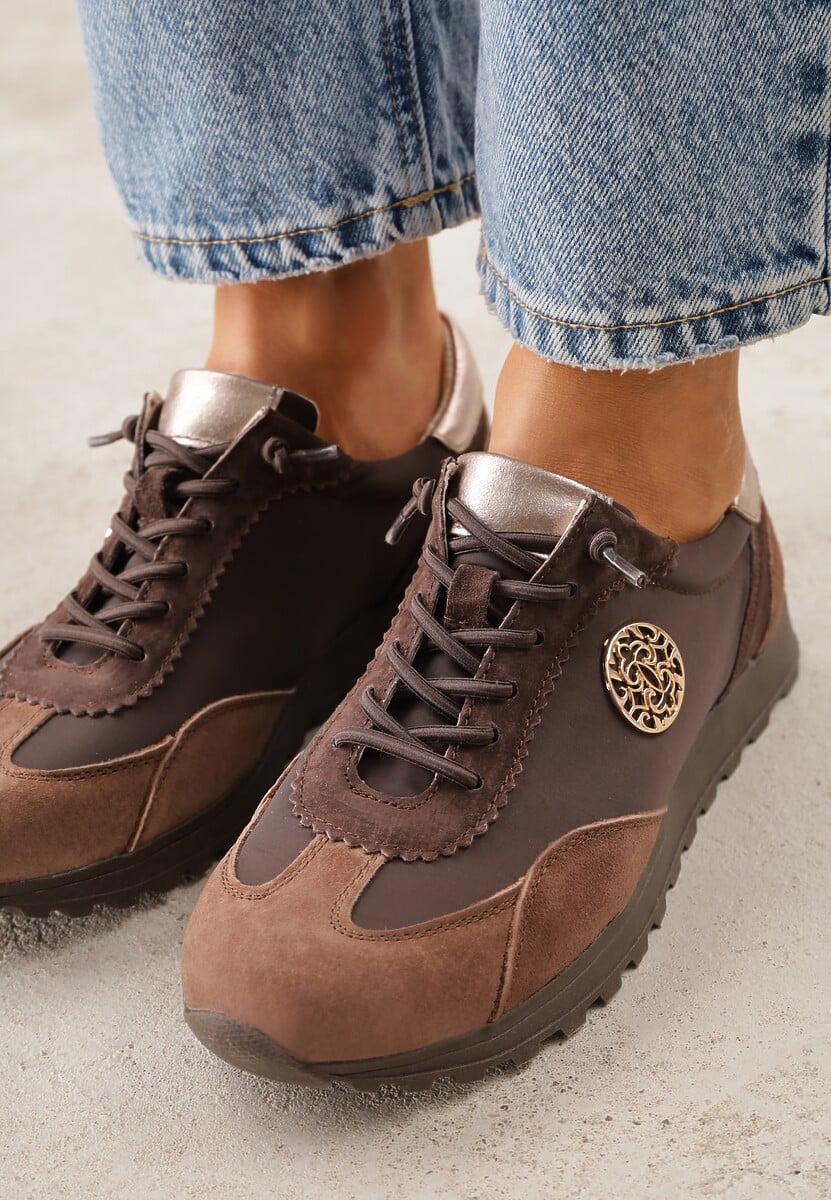 Brązowe Sneakersy ze Skórzaną Wkładką Ozdobione Metaliczną Aplikacją Tidina 3