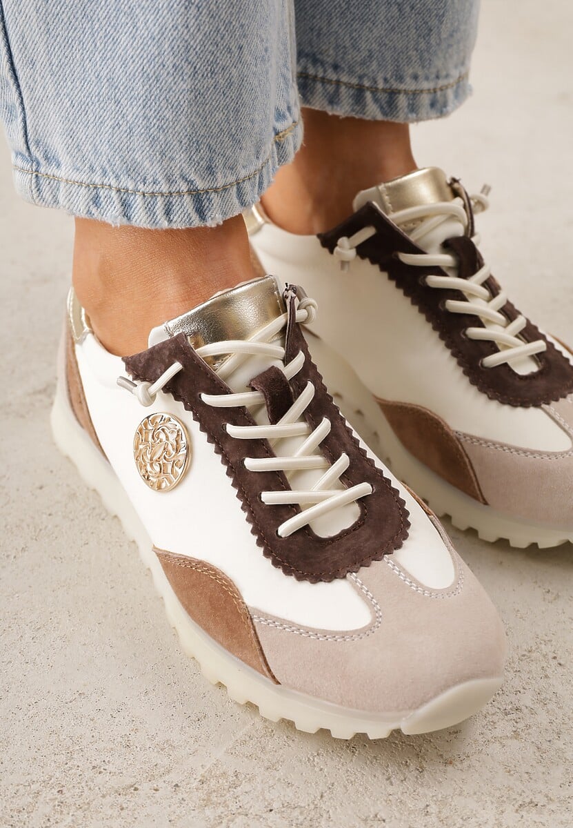 Beżowo-Złote Sneakersy ze Skórzaną Wkładką Ozdobione Metaliczną Aplikacją Tidina 3