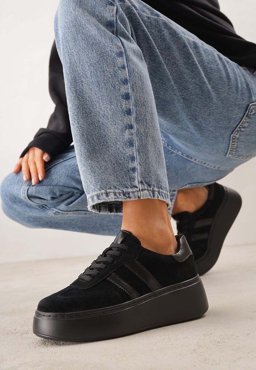 Czarne Sneakersy z Zamszu Naturalnego na Platformie ze Skórzaną Wkładką Rionelle 1