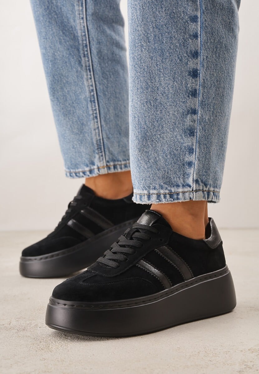 Czarne Sneakersy z Zamszu Naturalnego na Platformie ze Skórzaną Wkładką Rionelle 2
