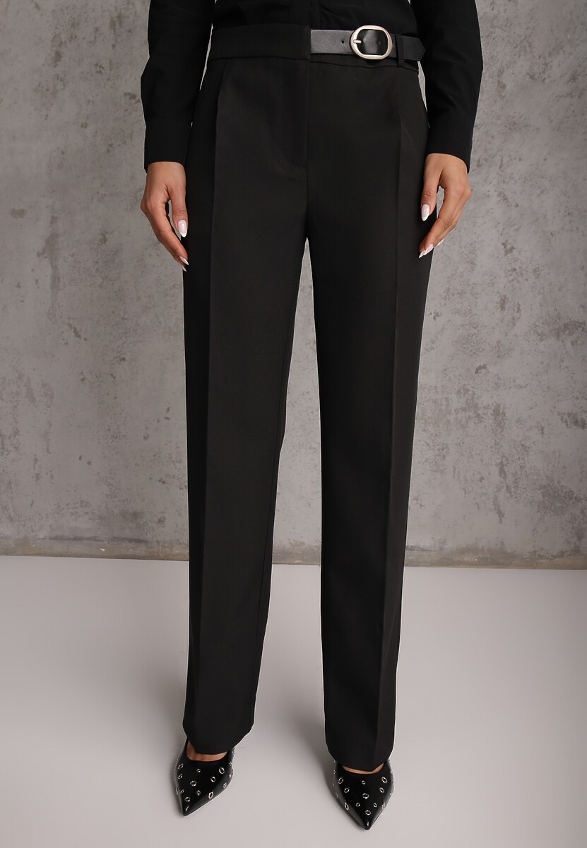 Czarne Spodnie Garniturowe na Kant VICES Zdobione Zapięciem z Klamrą Azisore 3