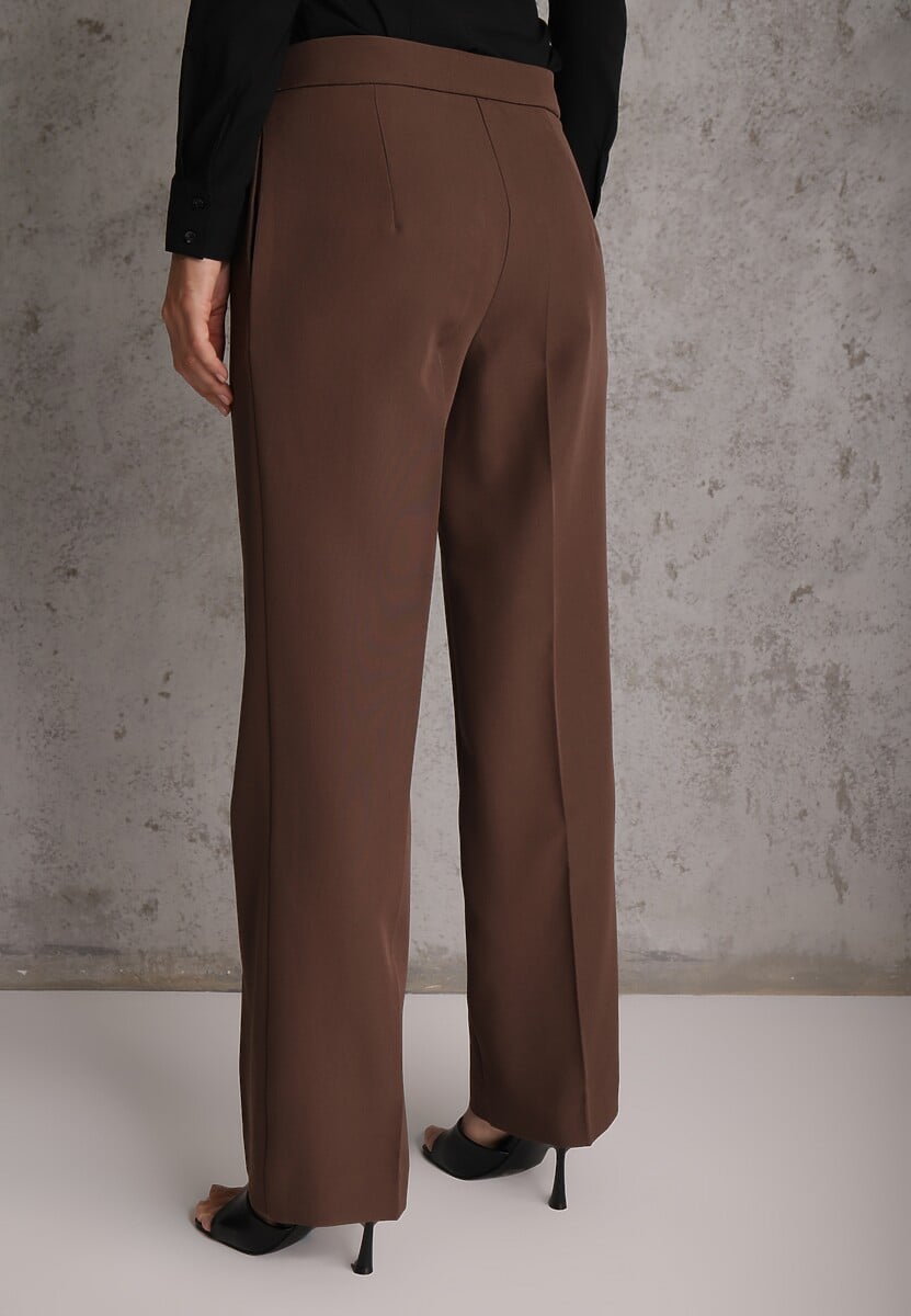 Brązowe Spodnie Garniturowe na Kant VICES Zdobione Zapięciem z Klamrą Azisore 3