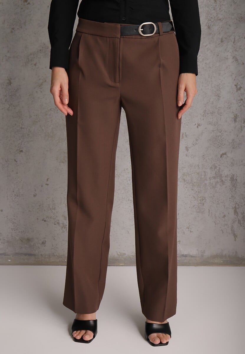 Brązowe Spodnie Garniturowe na Kant VICES Zdobione Zapięciem z Klamrą Azisore 2