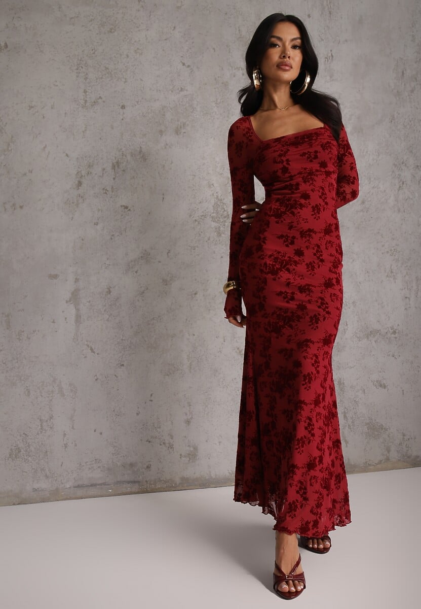 Czerwona Sukienka VICES Bodycon z Siateczki Ozdobionej Wzorem w Kwiaty Rivita 2