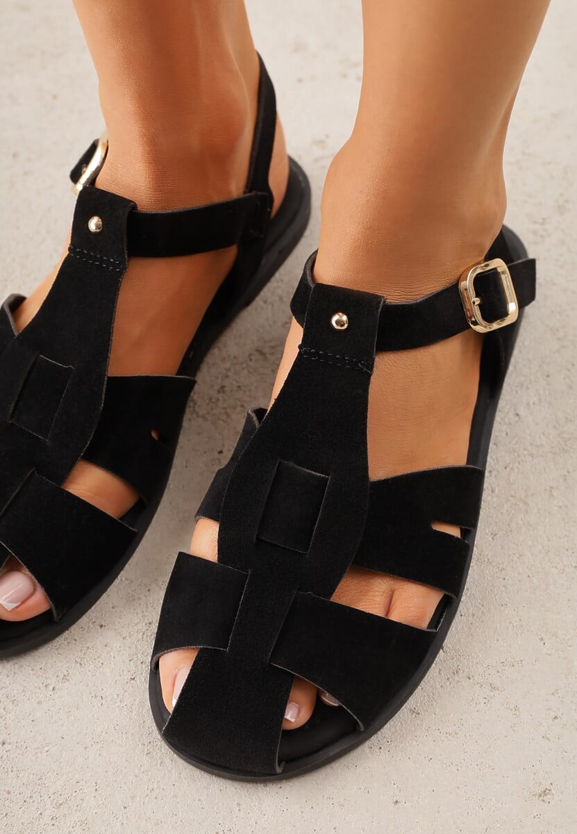 Czarne Sandały Gladiatorki z Imitacji Nubuku Zapinane na Sprzączkę Briannea 3