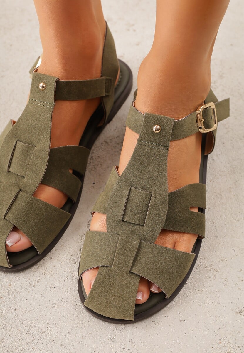 Zielone Sandały Gladiatorki z Imitacji Nubuku Zapinane na Sprzączkę Briannea 3