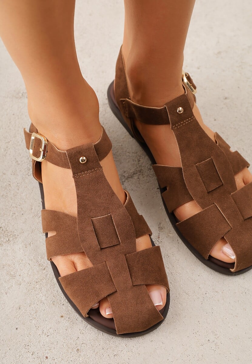 Brązowe Sandały Gladiatorki z Imitacji Nubuku Zapinane na Sprzączkę Briannea 3