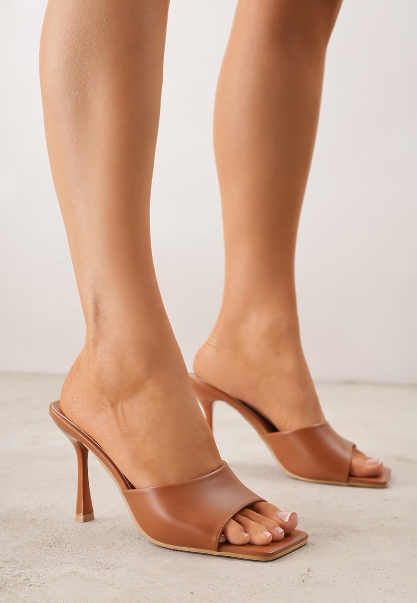 Jasnobrązowe Klapki na Szpilce z Kwadratowym Noskiem Peep Toe Avenata 2