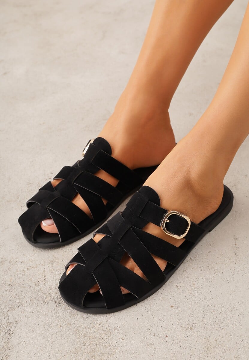 Czarne Klapki Gladiatorki z Ozdobną Sprzączką Lusanatia 1