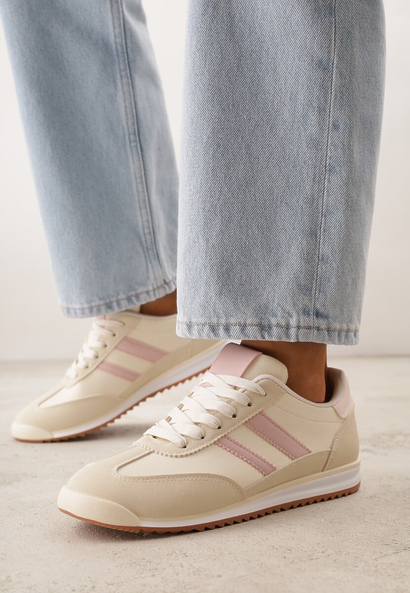 Beżowe Sneakersy Ozdobione Dwoma Paskami Lannatea 2