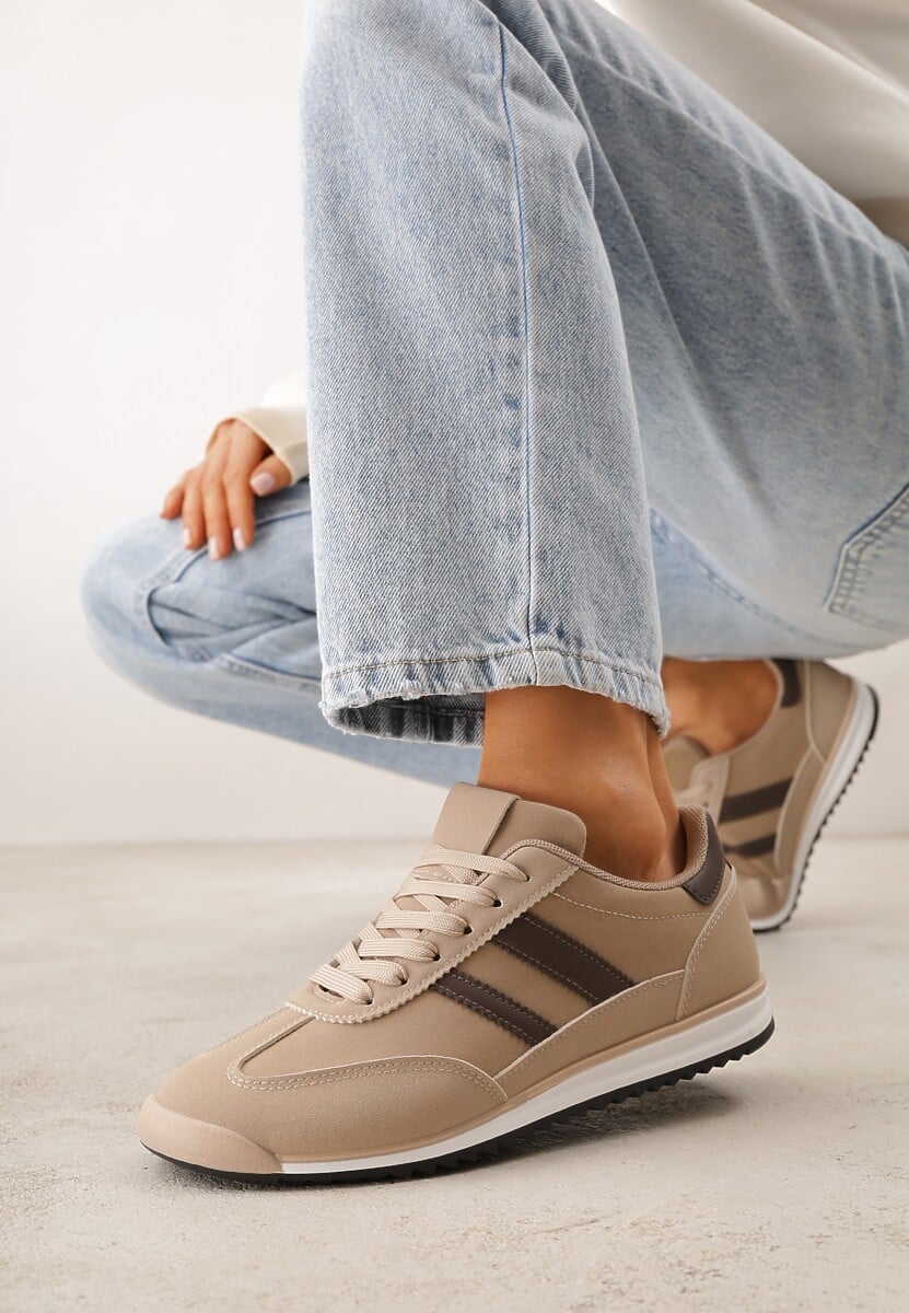 Beżowo-Brązowe Sneakersy Ozdobione Dwoma Paskami Lannatea 1